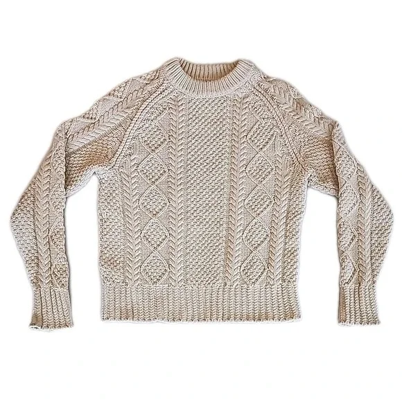 LL Bean Signature Fisherman Sweater Chunky Cable Knit Cottage Cream Womens Sz S - Picture 1 of 11